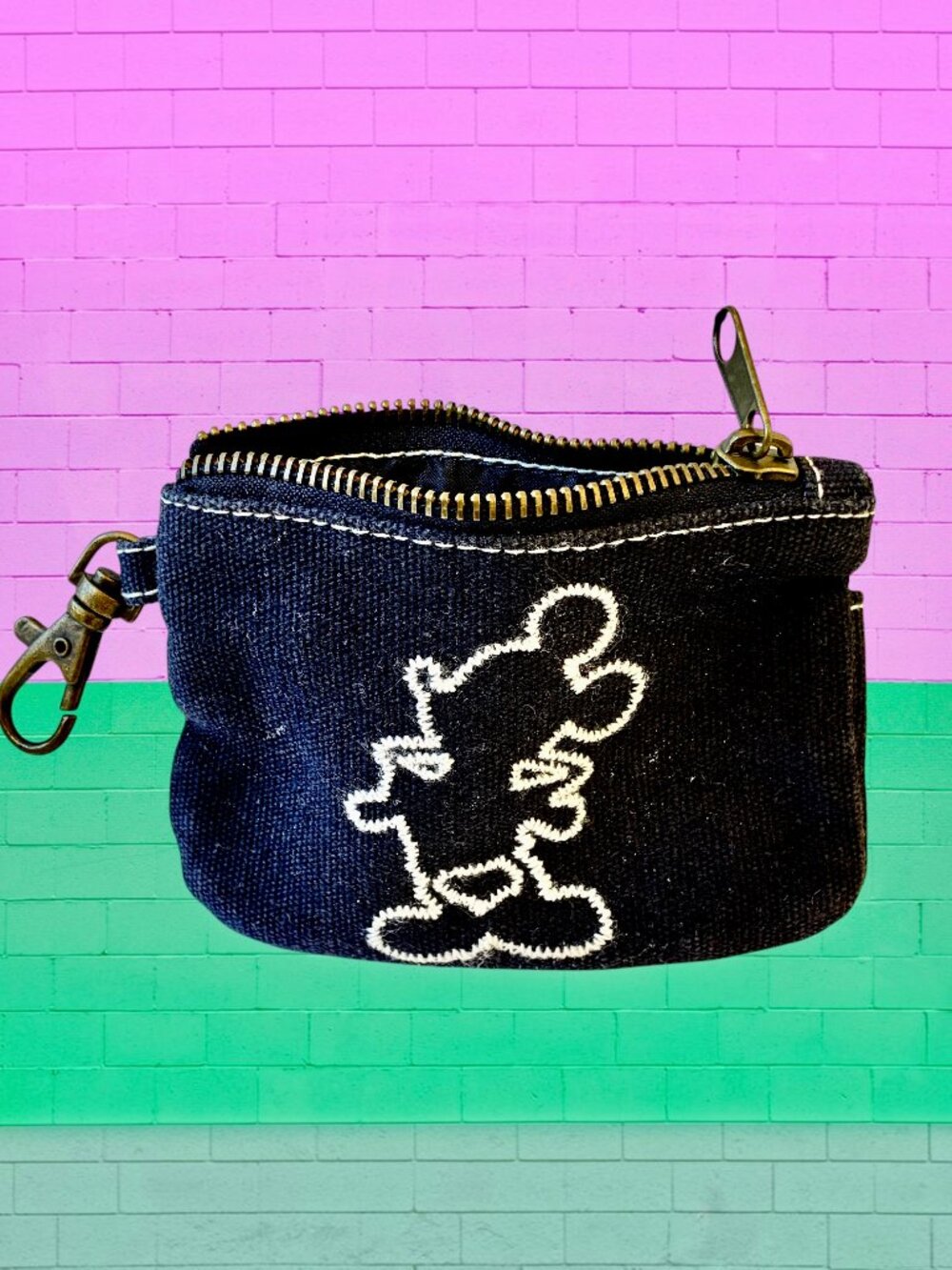 Disneyland Canvas Coin Purse Black Mickey Mouse Zipper Clip-on Fabric Small